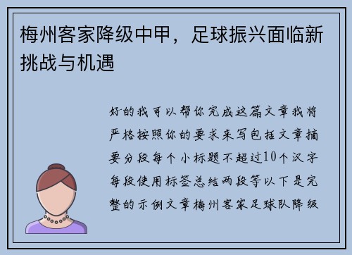 梅州客家降级中甲,足球振兴面临新挑战与机遇 梅州客家降级中甲,足球振兴面临新挑战与机遇