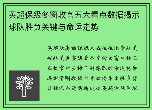 英超保级冬窗收官五大看点数据揭示球队胜负关键与命运走势